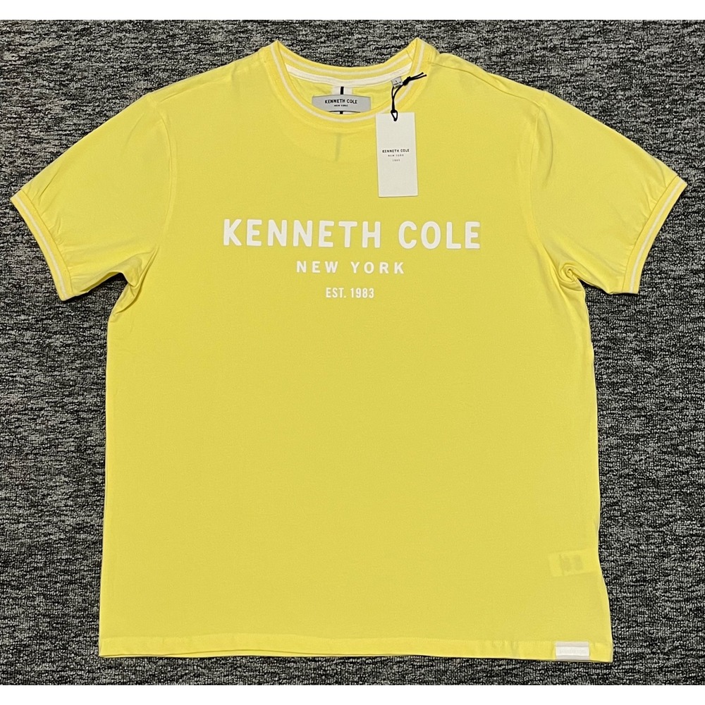 Kenneth Cole New York Mens Mellow Yellow Logo Graphic T-Shirt White Trim NWT L